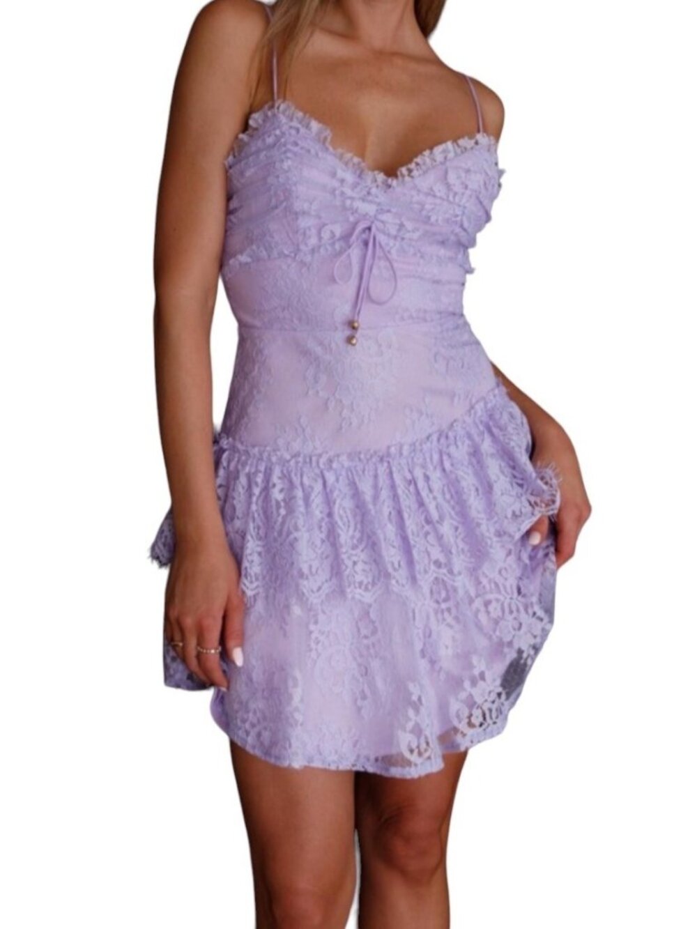 Angel Biba Sleeveless Tiered Shimmer Lace Floral Mini Dress Lavender Purple Size
